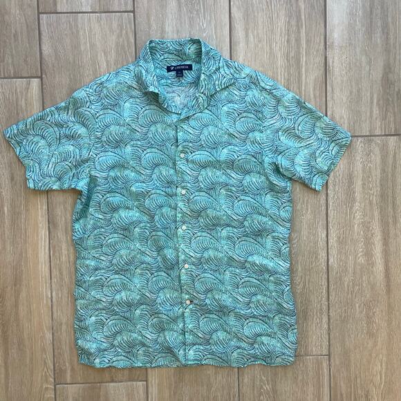 Cremieux Mens M Linen Shirt Green Blue Tropical Palm Print Short Sleeve Button - Picture 1 of 6